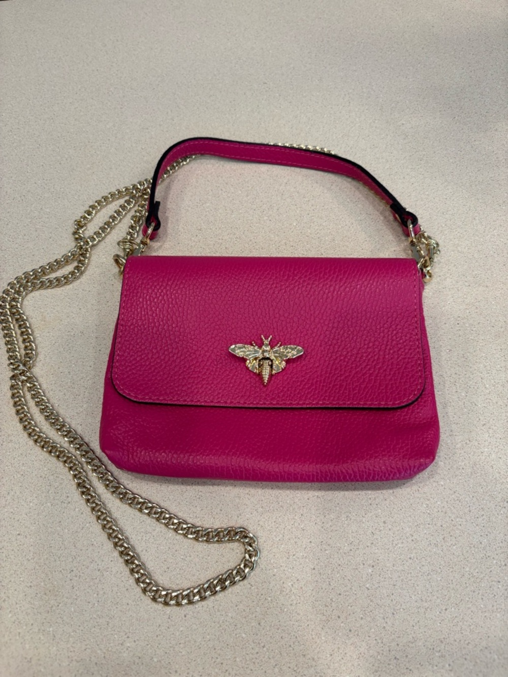 Persaman New York Women's Hot Pink Leather Crossbody Bag with Gold Bee Accent